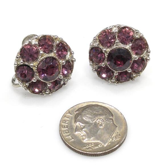 Bogoff Purple Rhinestone Screw Back Earrings, Rhodium Plated, 1940s Vintage - Picture 3 of 10